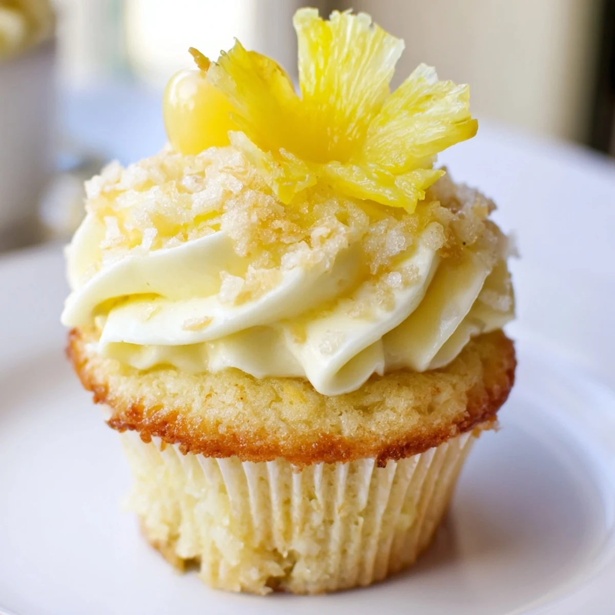 Dole Whip Cupcakes Recipe topped with creamy pineapple frosting and maraschino cherry