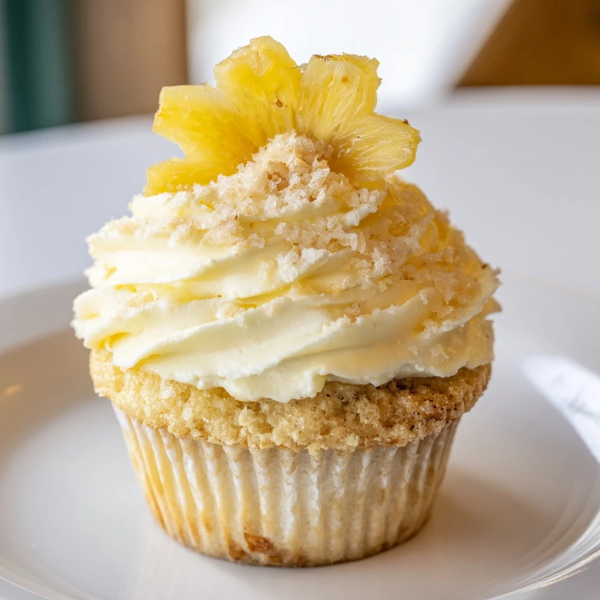 Serve chilled Dole Whip Cupcakes Recipe garnished with dried pineapple flowers and zest