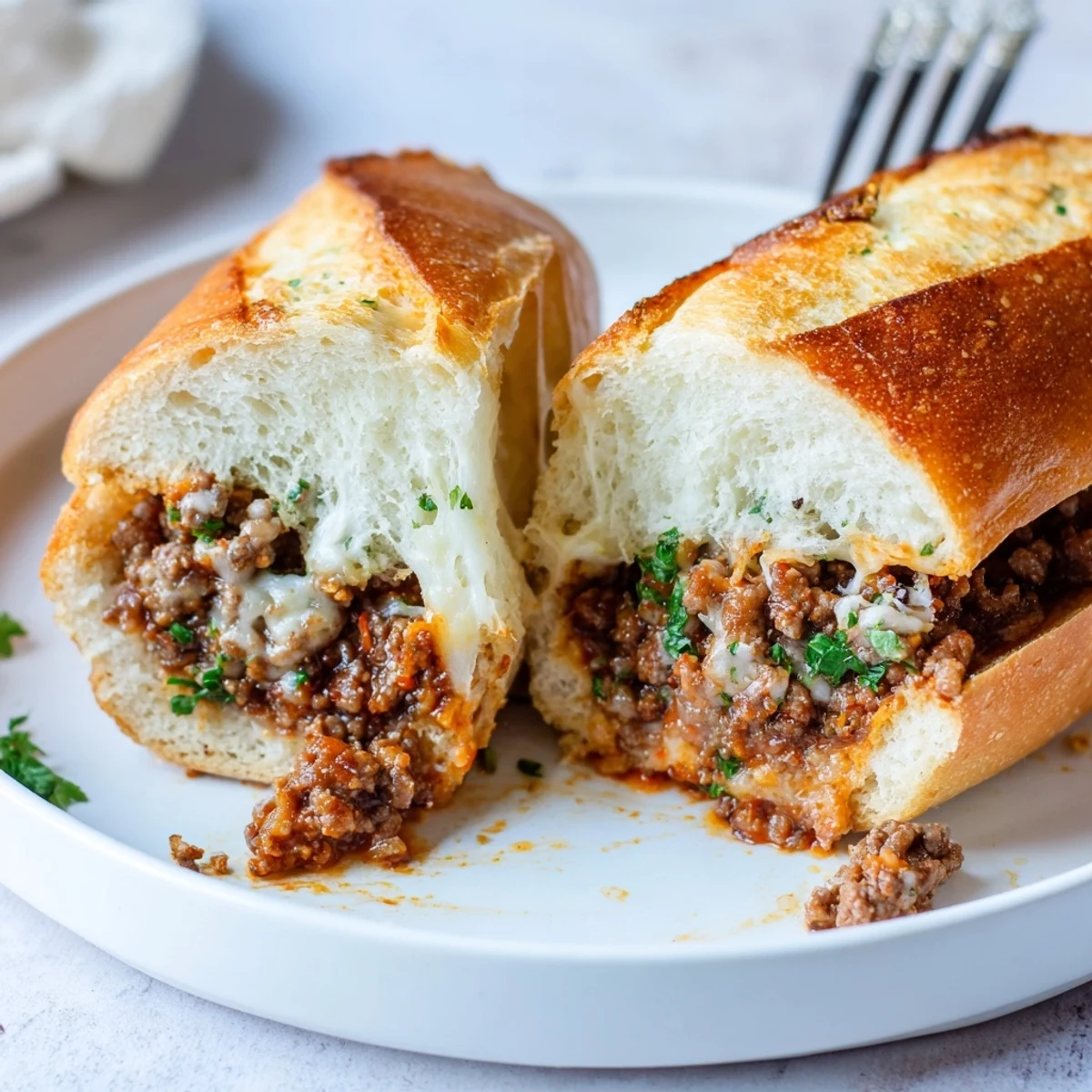 Garlic Bread Sloppy Joes with bubbling mozzarella on golden, buttery toasted bread