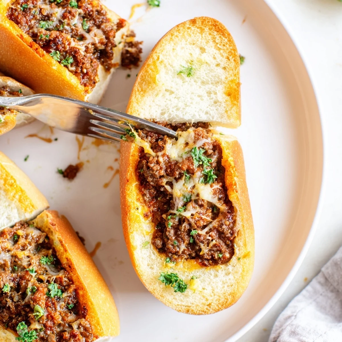 Weeknight Garlic Bread Sloppy Joes sliced into portions, paired with crisp coleslaw