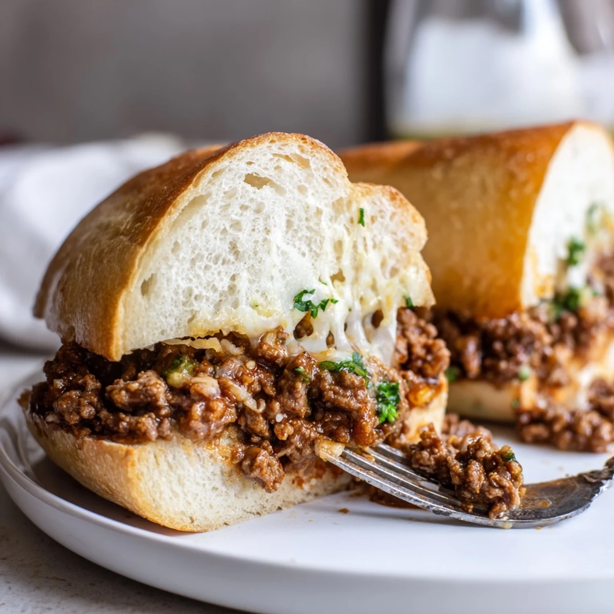 Hearty Garlic Bread Sloppy Joes piled high, steaming and ready to serve