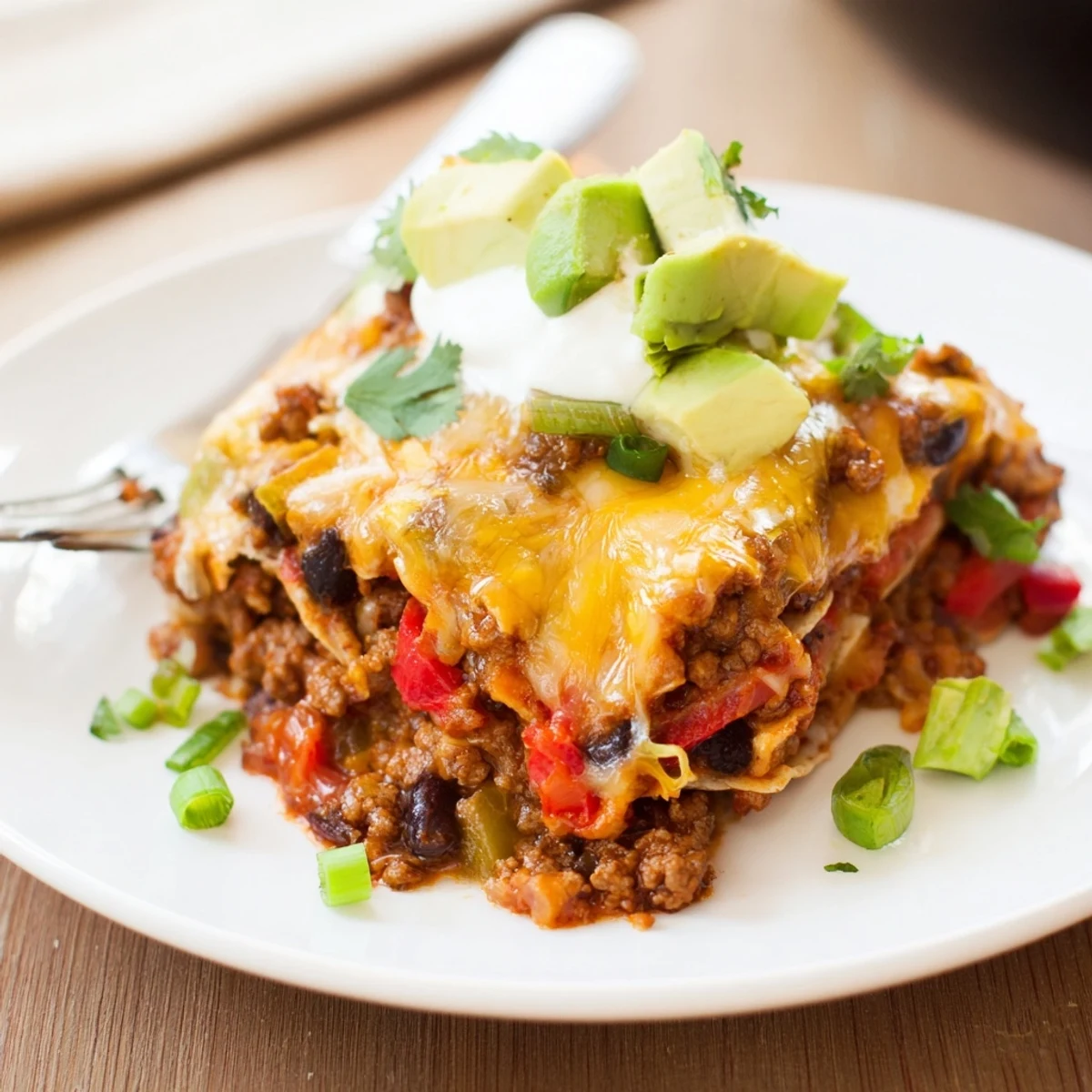 Beef Skillet Enchiladas bubbling with melted cheese, cilantro, and sour cream garnish