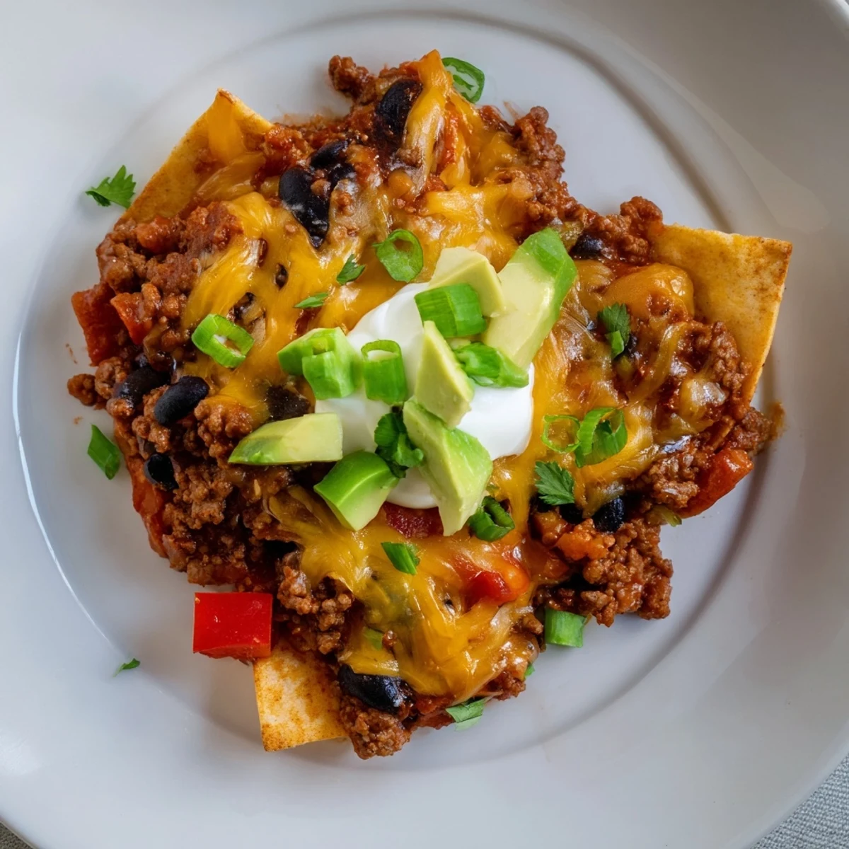 Family-style Beef Skillet Enchiladas topped with diced avocado, green onions, cilantro
