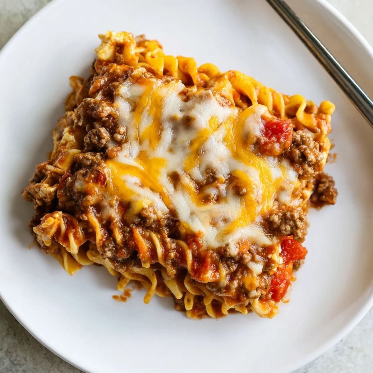 Beef Lombardi Casserole bubbling golden with melted cheddar, ready to serve