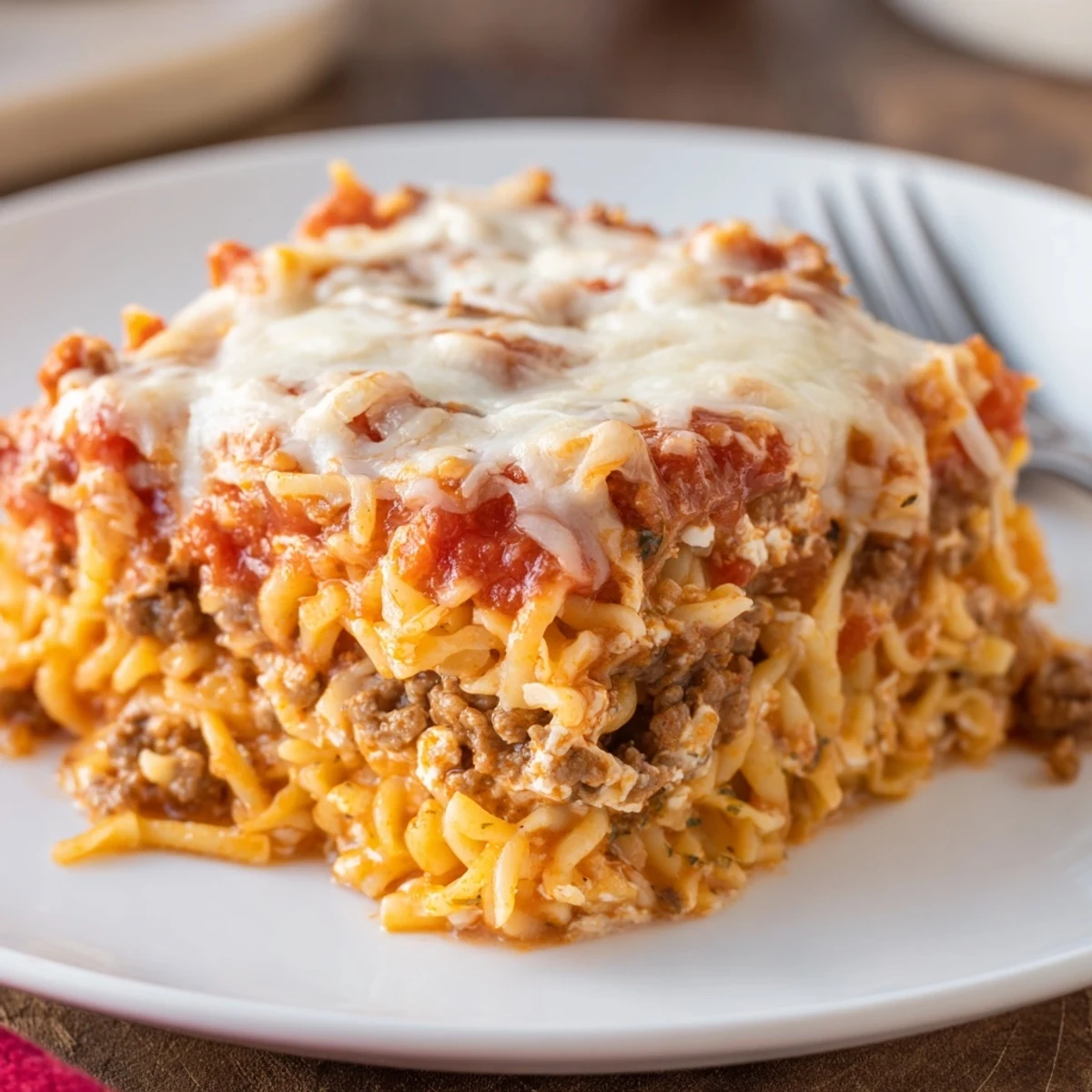 Oven-baked Beef Lombardi Casserole releasing tomato aroma, paired with crusty bread