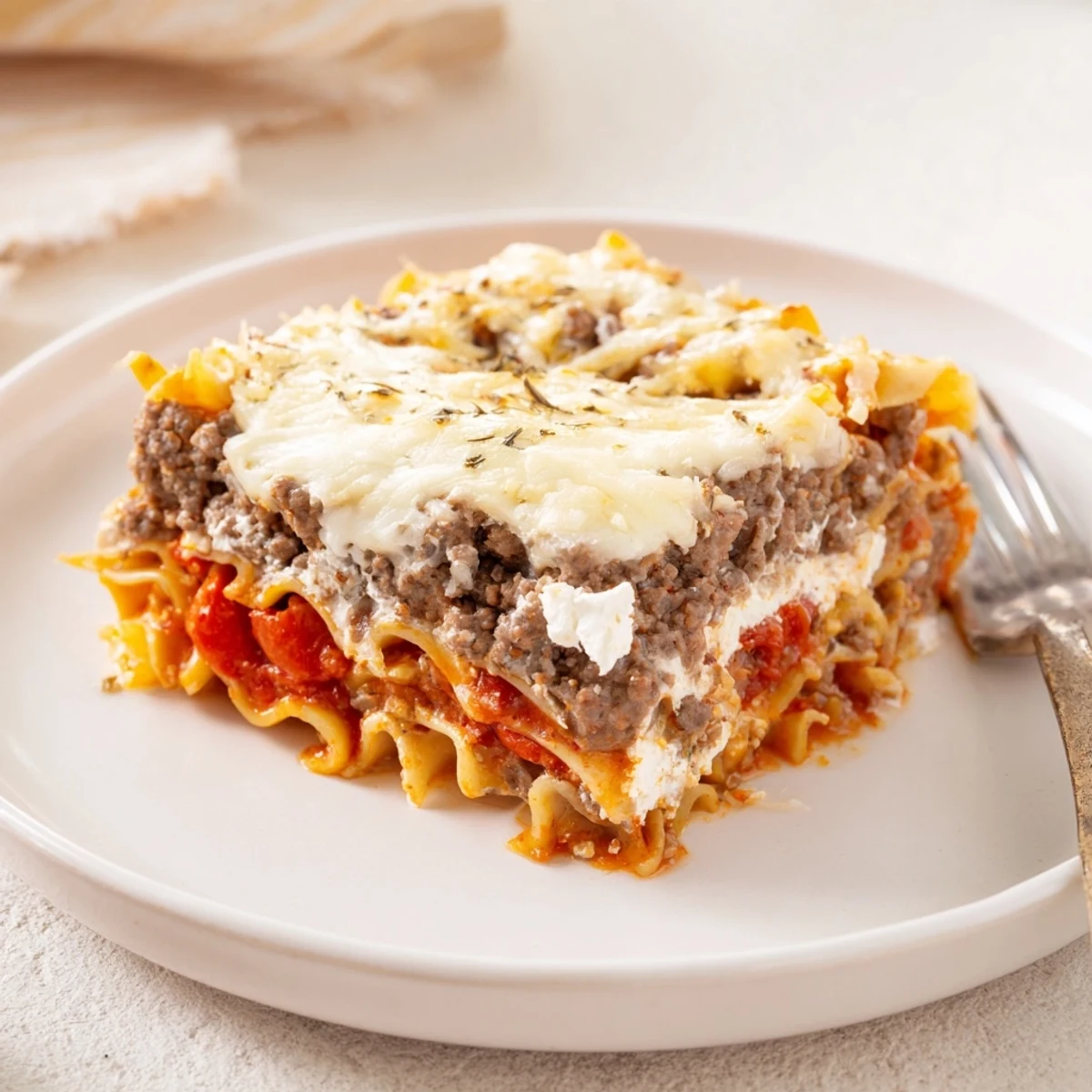 Hearty Beef Lombardi Casserole layered with creamy cottage cheese and noodles
