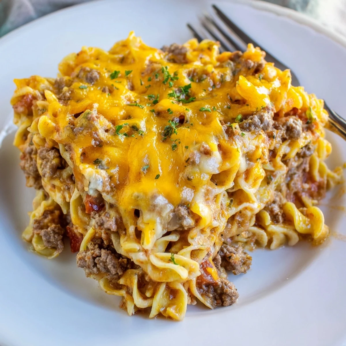 Beef Noodle Casserole bubbling with melted cheddar, golden top, served family style