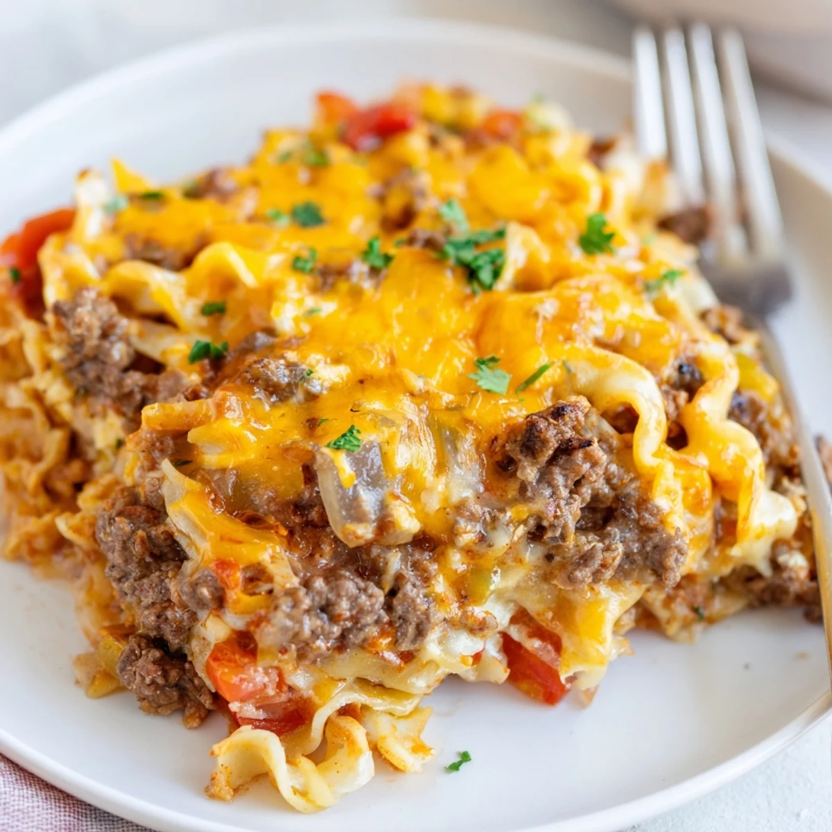 Hearty Beef Noodle Casserole spoonful steaming hot, tomato-scented filling, parsley garnish
