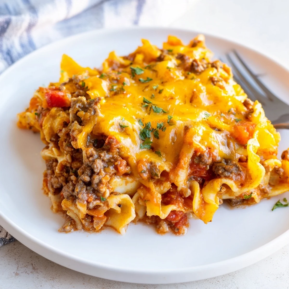 Comforting Beef Noodle Casserole in baking dish, cheesy edges and garlic bread