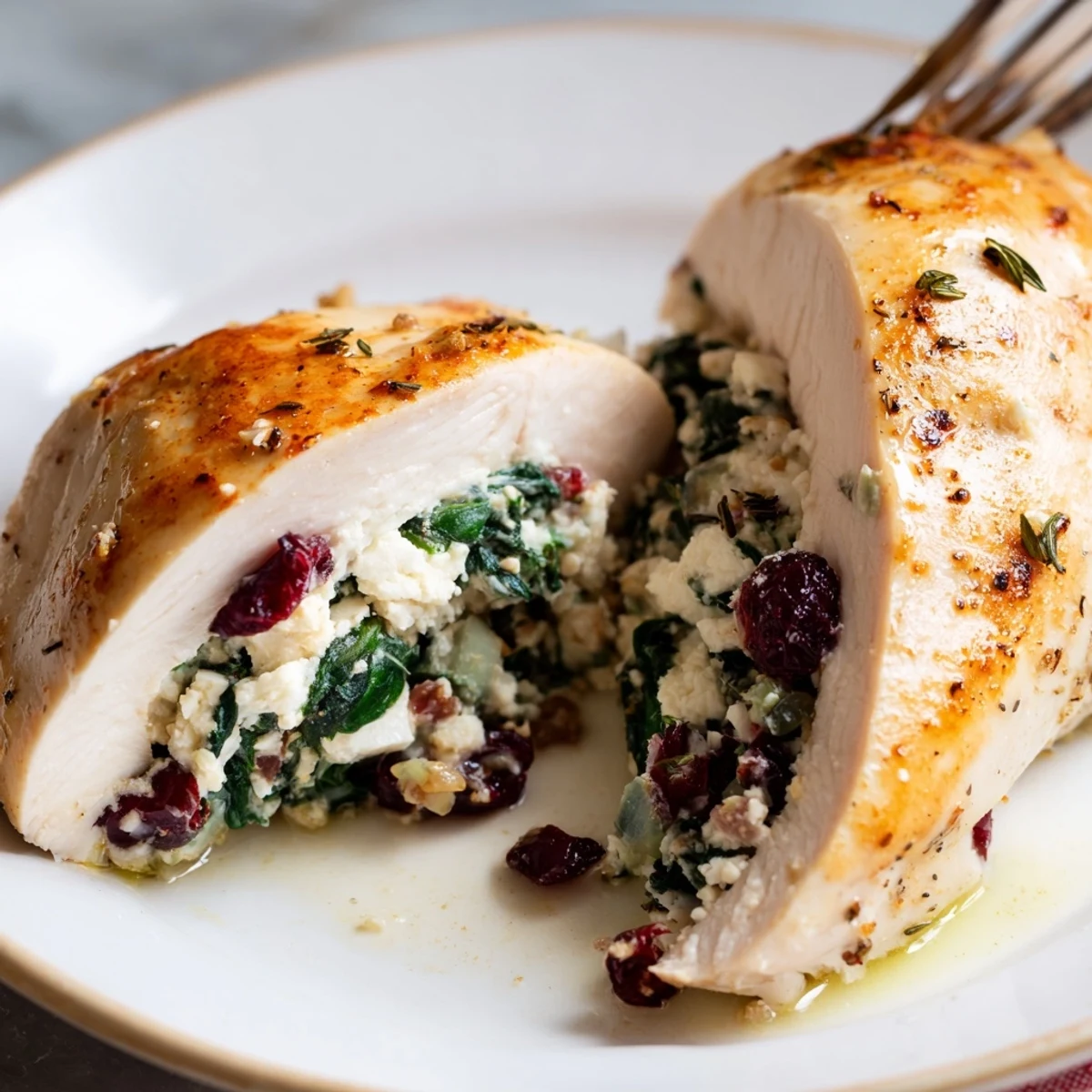 Sliced Cranberry Spinach Stuffed Chicken Breasts showing creamy filling with tart cranberries