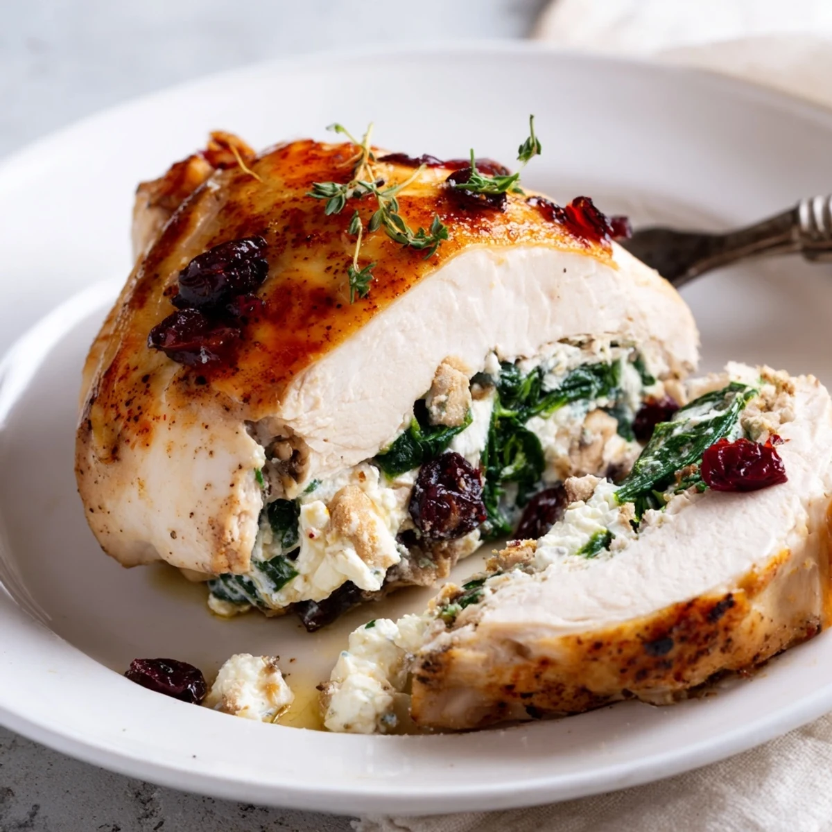 Warm Cranberry Spinach Stuffed Chicken Breasts plated with roasted vegetables and herb garnish