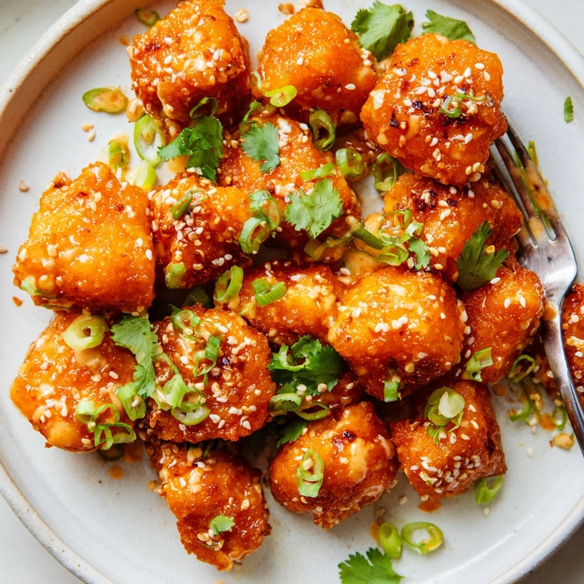 Crispy Bang Bang Salmon Bites coated in creamy spicy sauce, scallion garnish