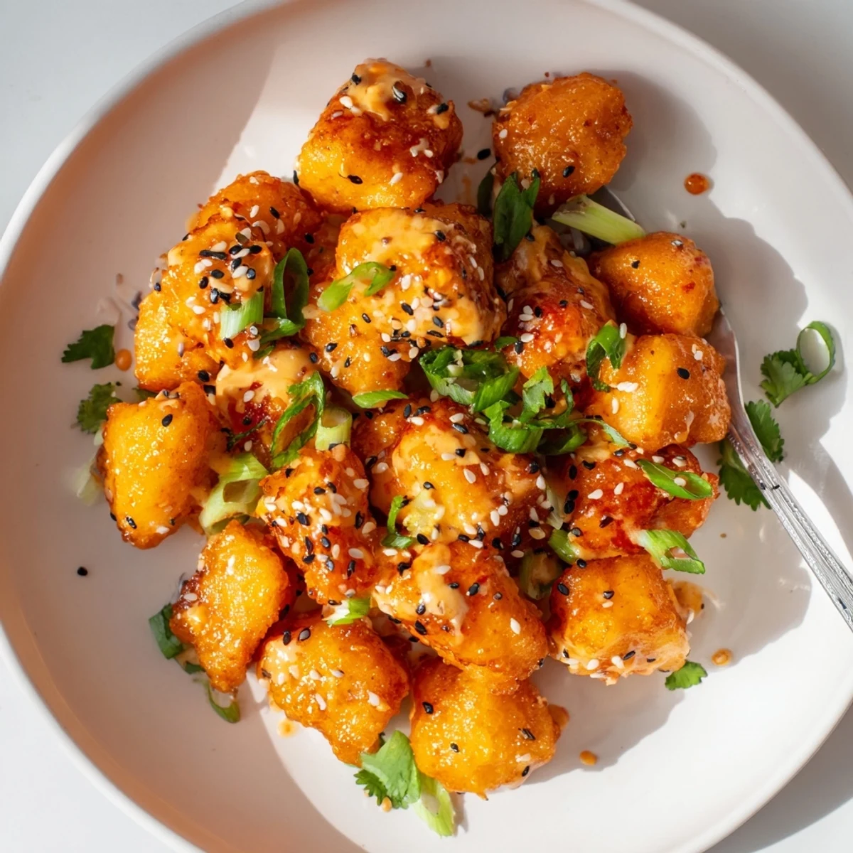 Golden-crisp Bang Bang Salmon Bites tossed in spicy-sweet sauce, sesame sprinkle