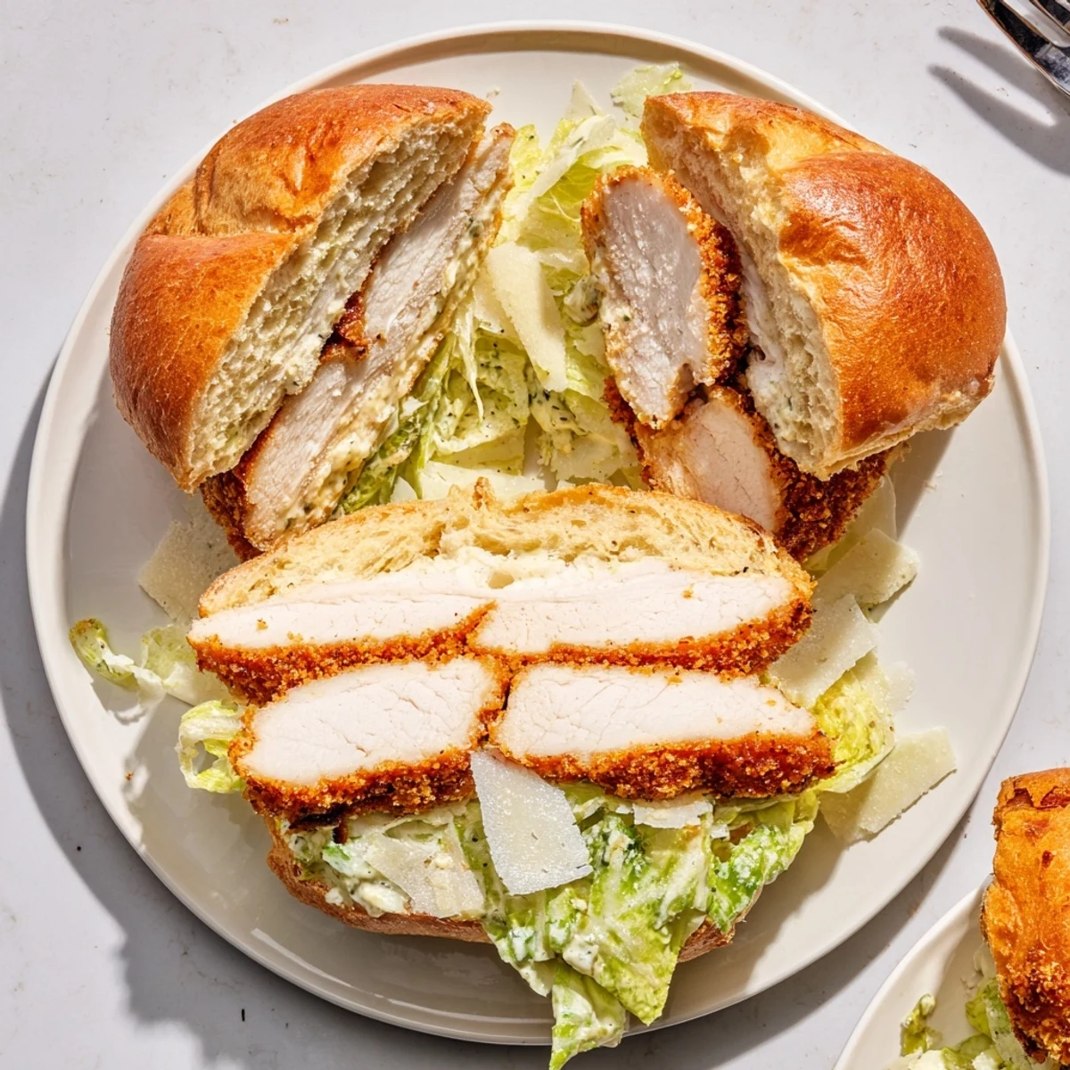 Golden, crunchy Crispy Chicken Caesar Sandwich Recipe on a toasted brioche, creamy dressing