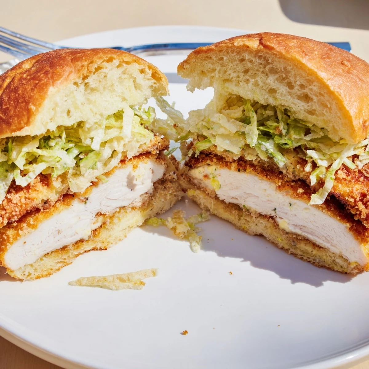 Crispy Chicken Caesar Sandwich Recipe with shredded romaine, shaved Parmesan, lemon wedge
