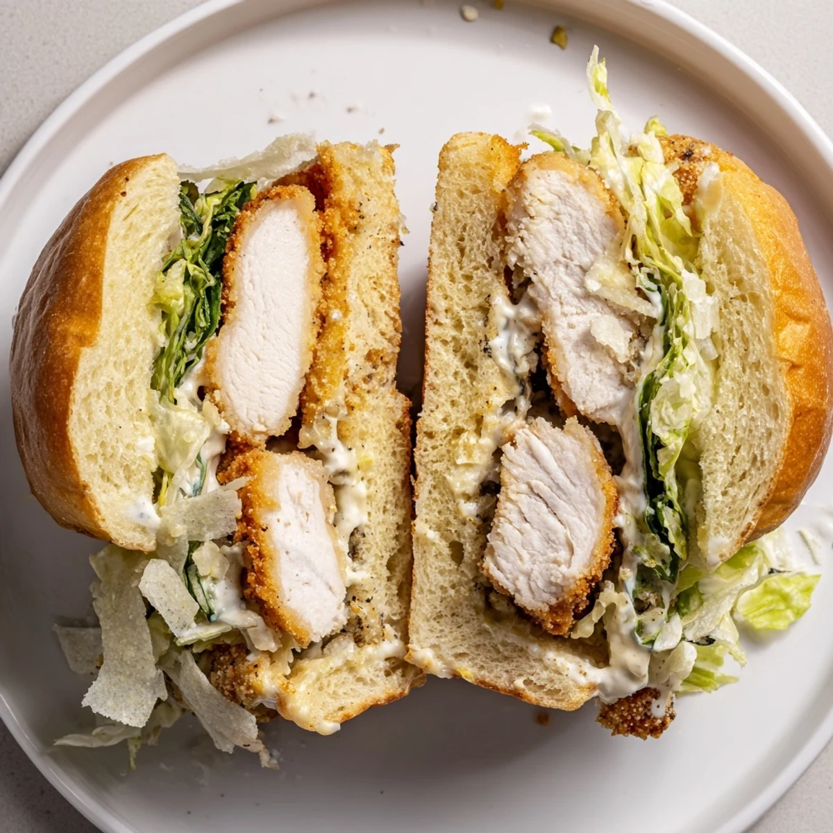Handheld Crispy Chicken Caesar Sandwich Recipe showing juicy fried chicken, tangy Caesar slaw