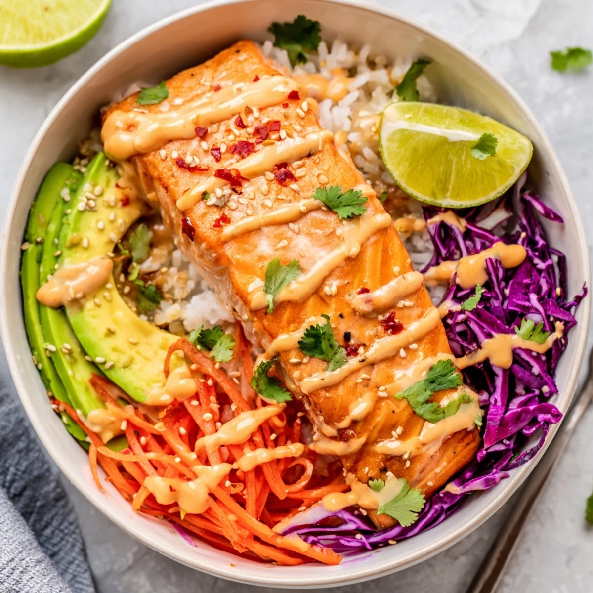 Weeknight Bang Bang Salmon Bowls Recipe topped with sesame seeds, cilantro, avocado