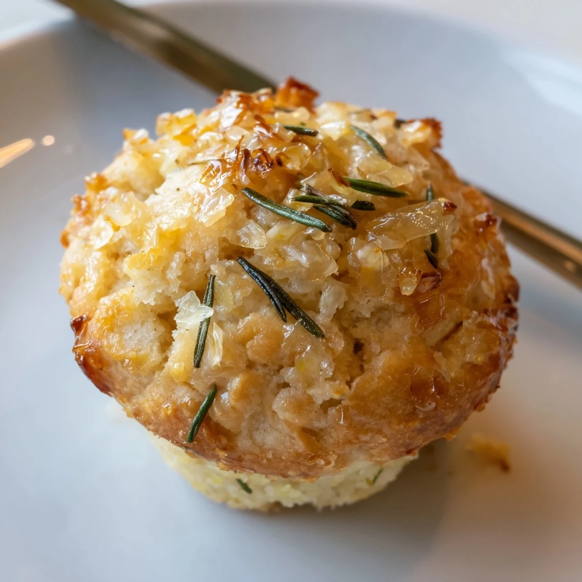 Close-up of Garlic Rosemary Focaccia Muffins showing tender crumb and olive oil sheen