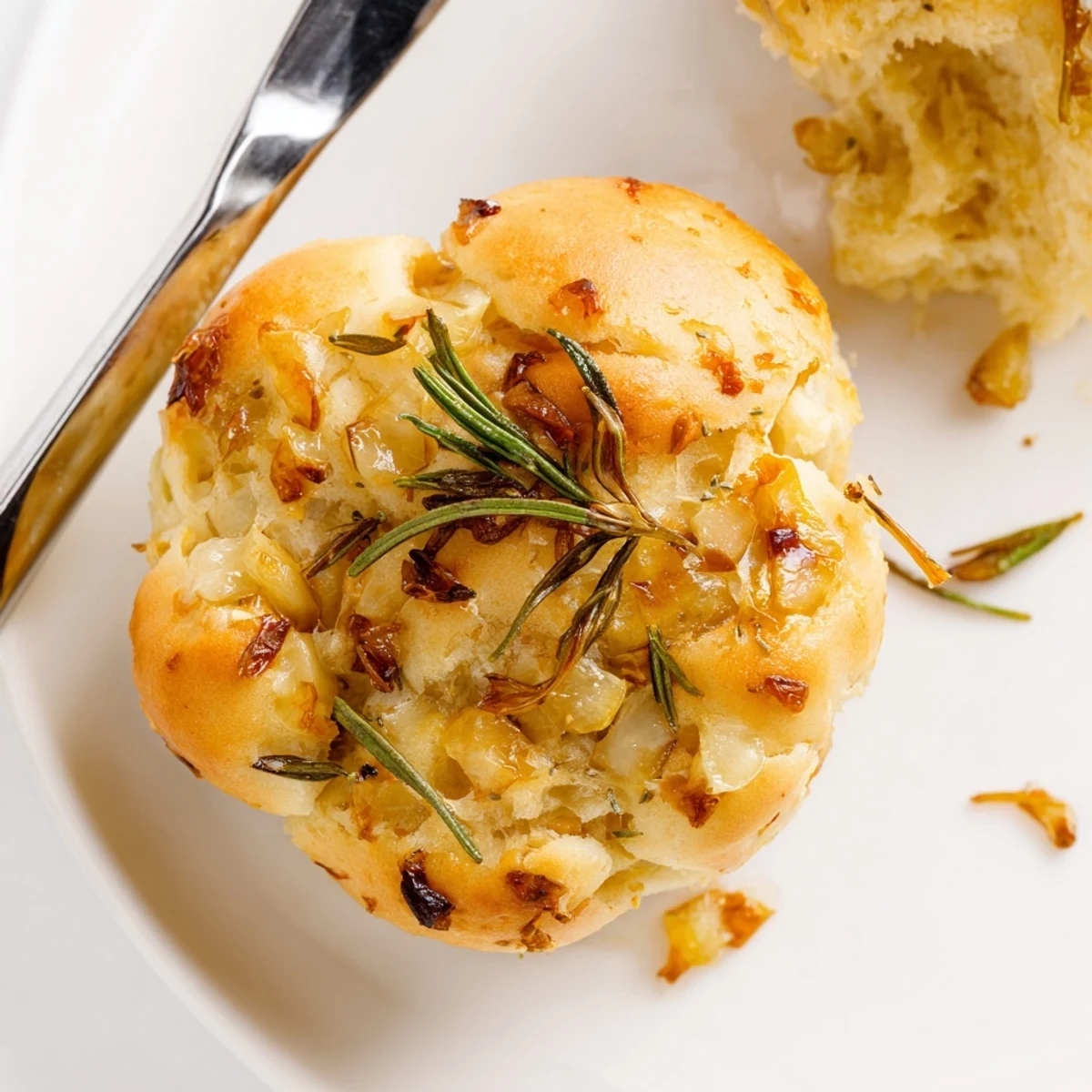 Warm Garlic Rosemary Focaccia Muffins topped with flaky sea salt, perfect for soups