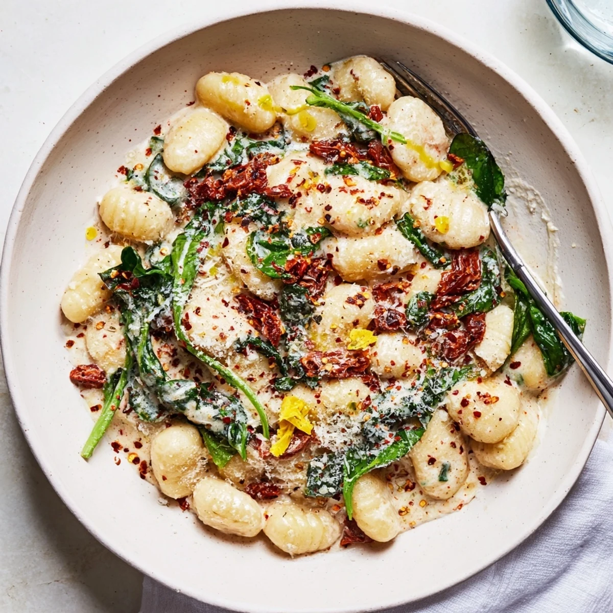 Creamy Marry Me Gnocchi steaming in skillet with basil and Parmesan