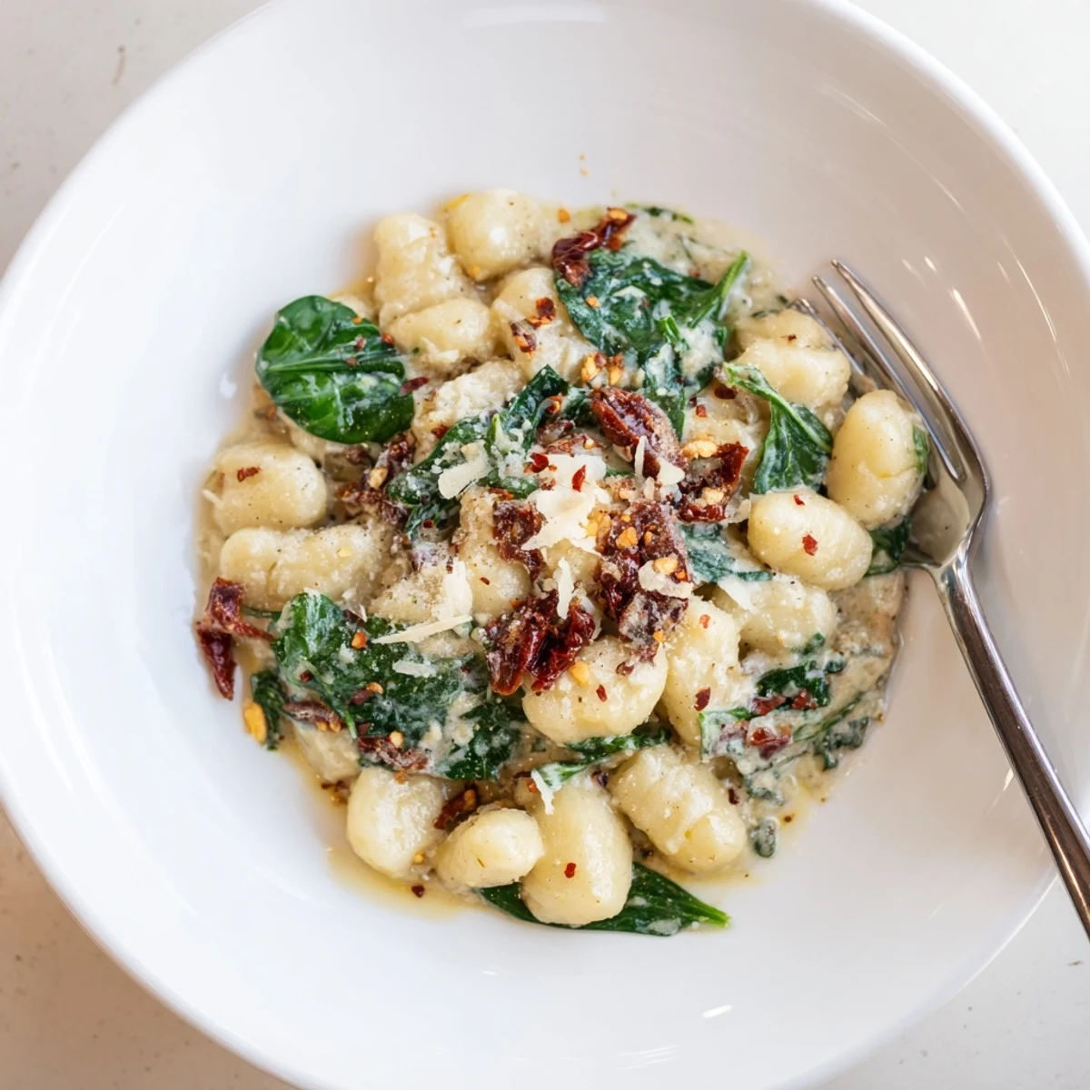 Skillet ready Marry Me Gnocchi bubbling in creamy sauce with chili flakes