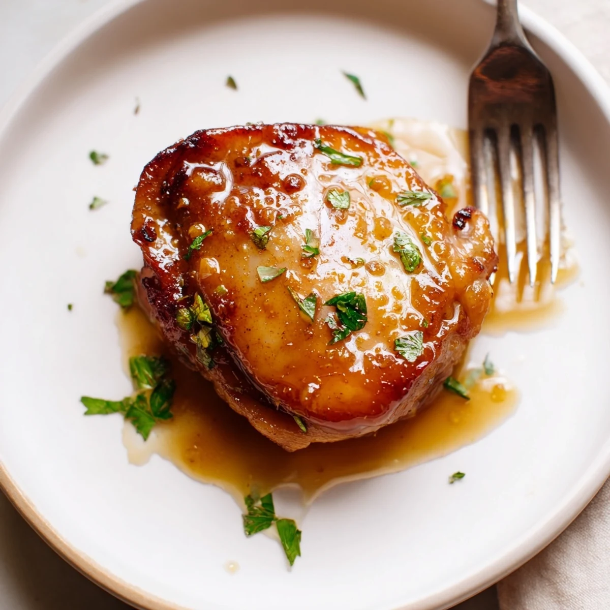 Maple Glazed Chicken Thighs with caramelized skin, sticky amber glaze, fresh parsley