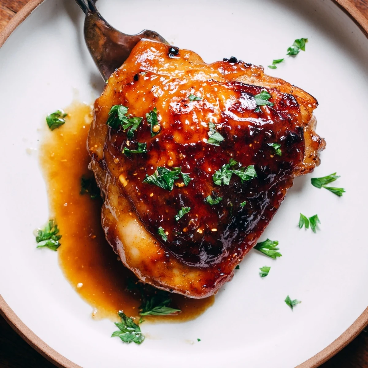 Maple Glazed Chicken Thighs served over creamy mashed potatoes, glistening pan juices