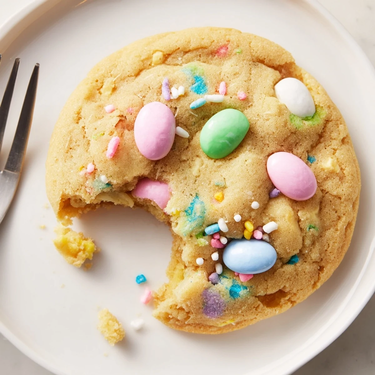 Stack of warm Easter Funfetti Cookies with melty candy centers, inviting
