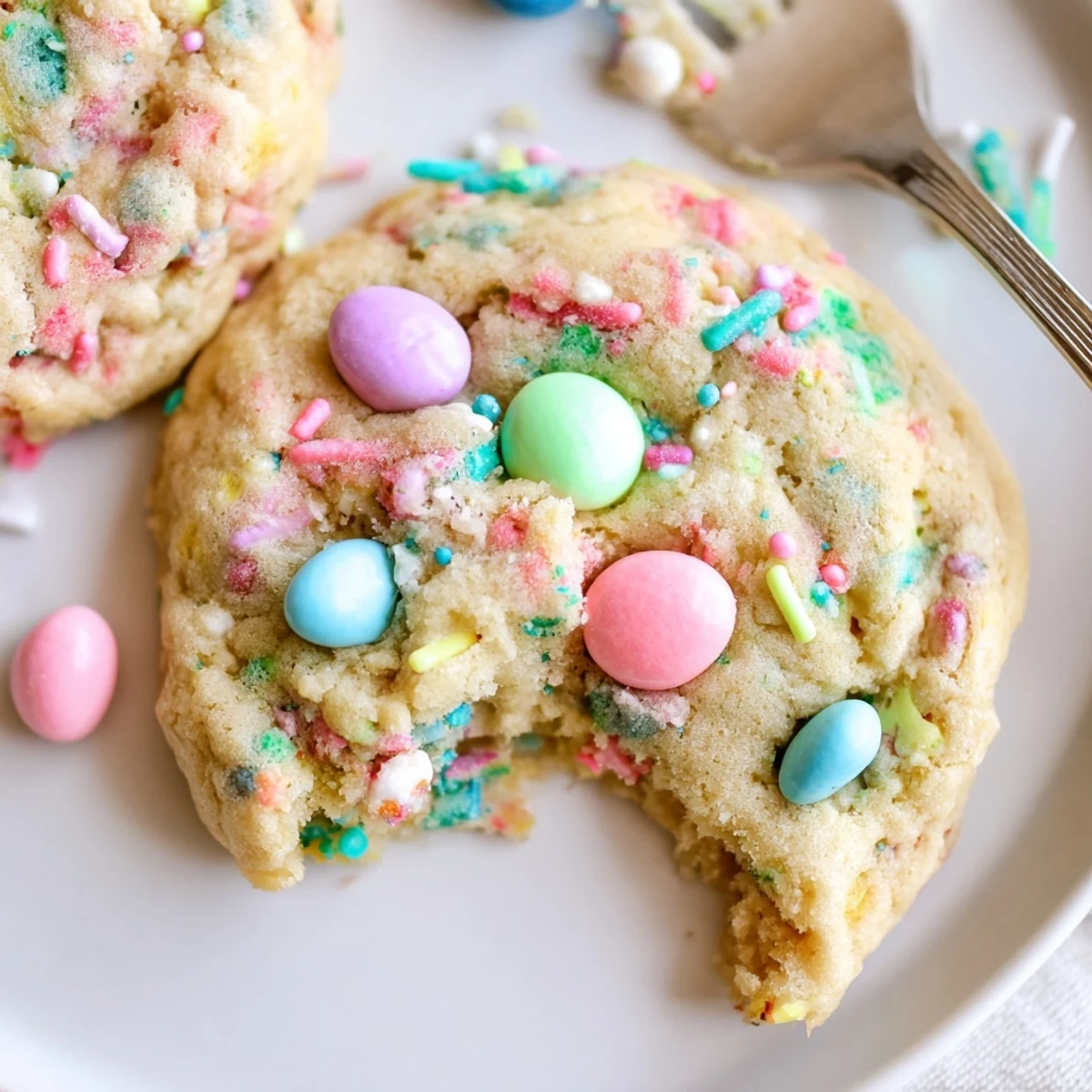 Easter Funfetti Cookies arranged on a pastel platter, chewy centers, crunchy candies