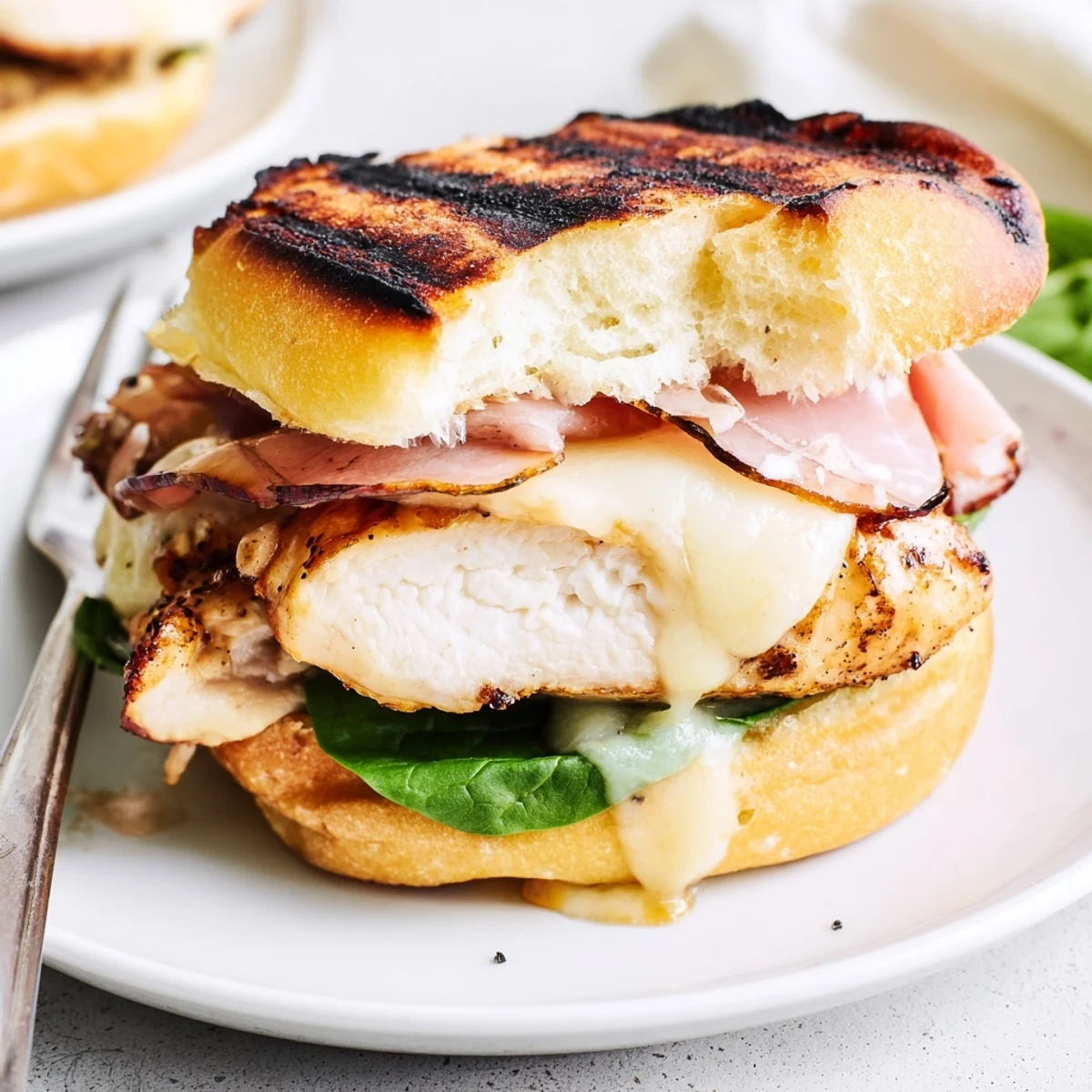 Grilled Chicken Cordon Bleu Sandwich with melty Swiss, smoky ham, toasted brioche