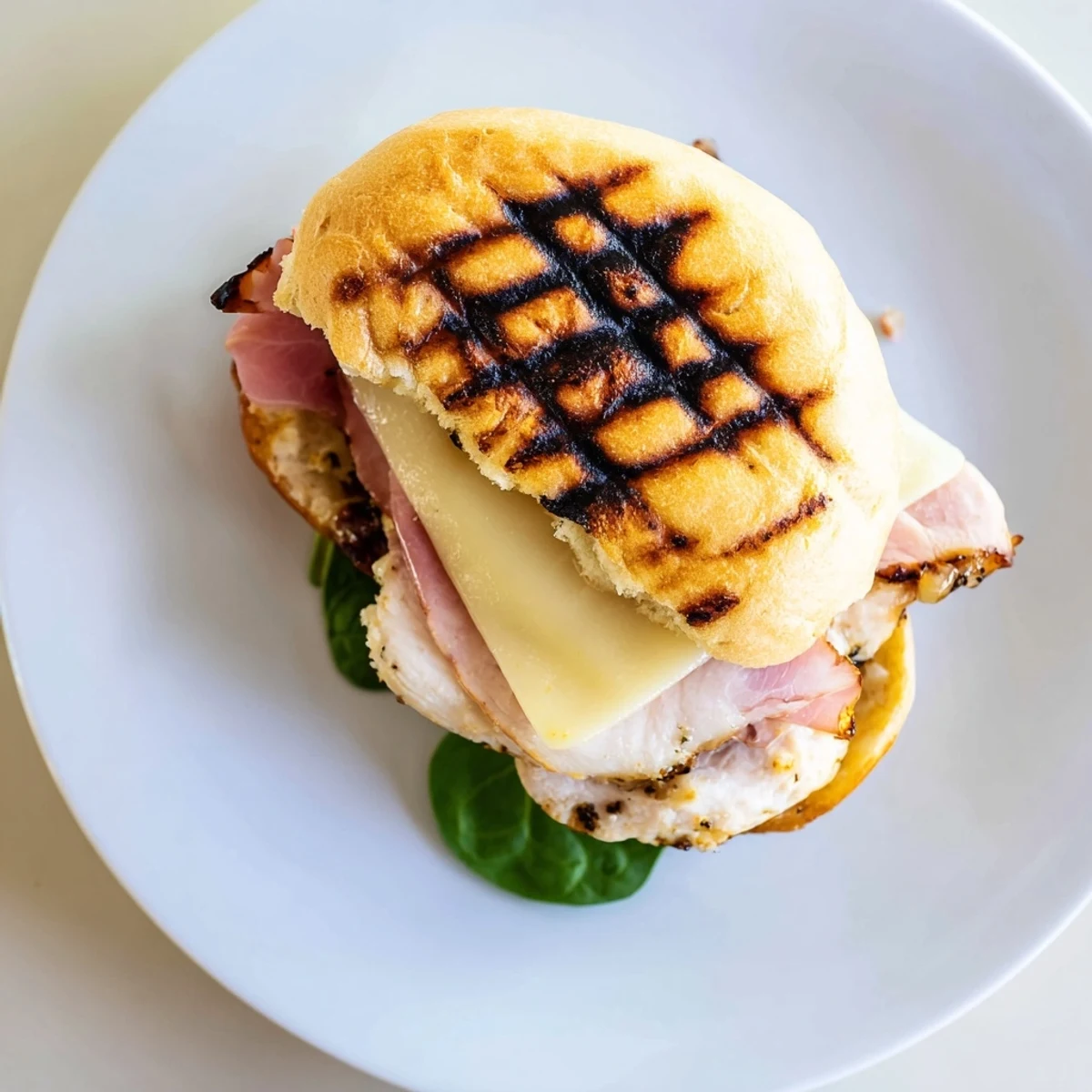 Warm Grilled Chicken Cordon Bleu Sandwich cut open revealing ham, melted cheese