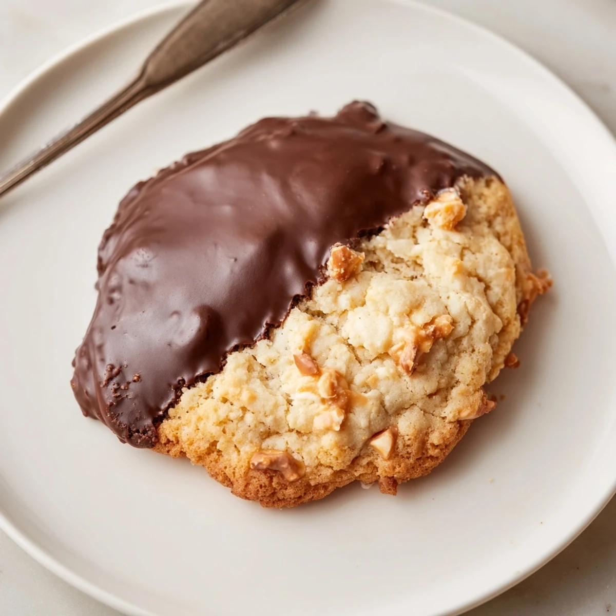 Chocolate Dipped Toffee Cookies on parchment, crunchy toffee glinting, chocolate glossy.