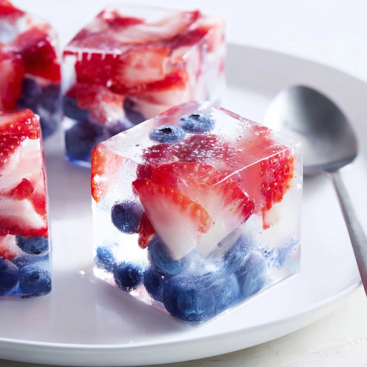 Red White And Blue Ice Cubes Recipe with frosty blueberries, creamy coconut, chopped strawberries