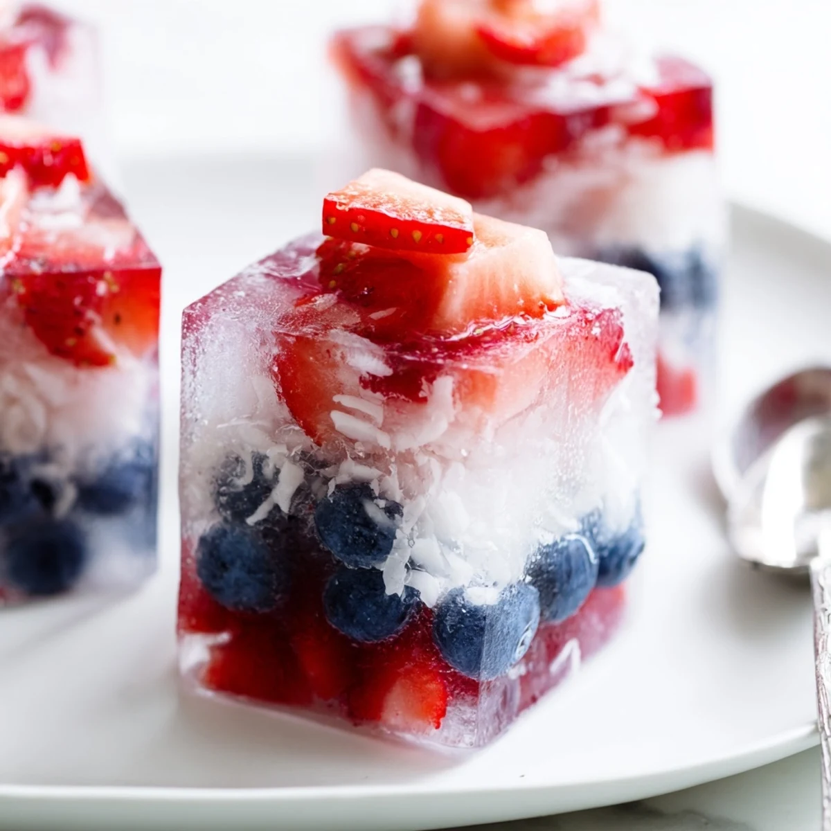 Layered berries and coconut in tray for Red White And Blue Ice Cubes Recipe