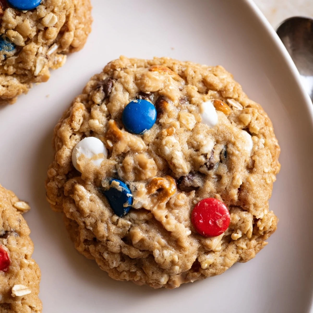 Warm Patriotic Monster Cookies Recipe cooling on wire rack, gooey chocolate chips