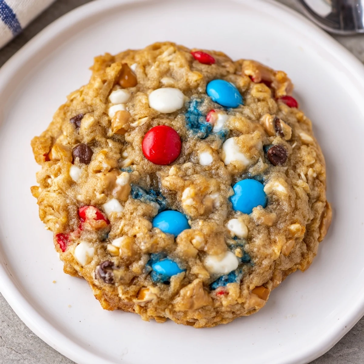 Fresh baked Patriotic Monster Cookies Recipe, chewy centers studded with colorful candies