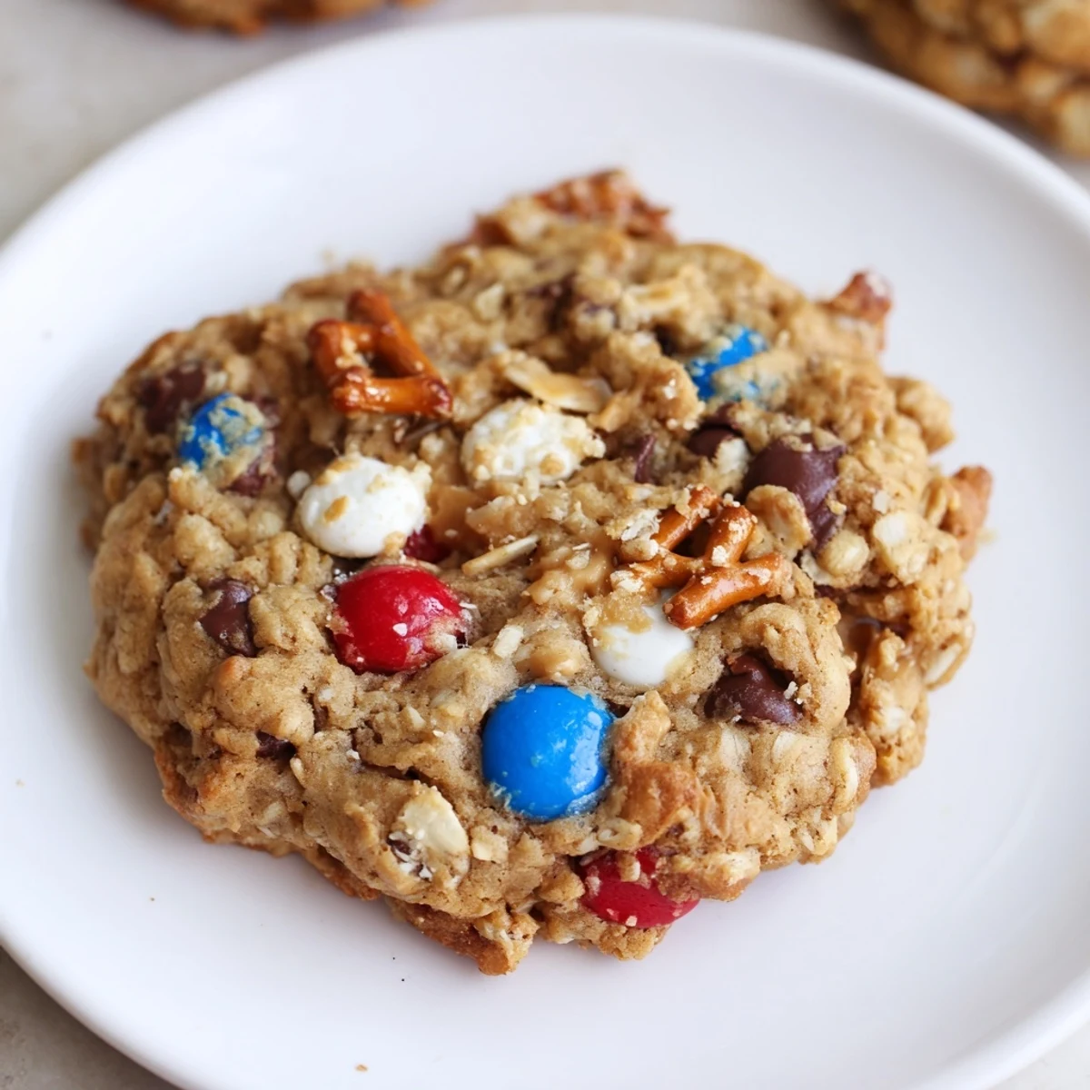 Serve Patriotic Monster Cookies Recipe with cold milk, salty pretzels adding crunch