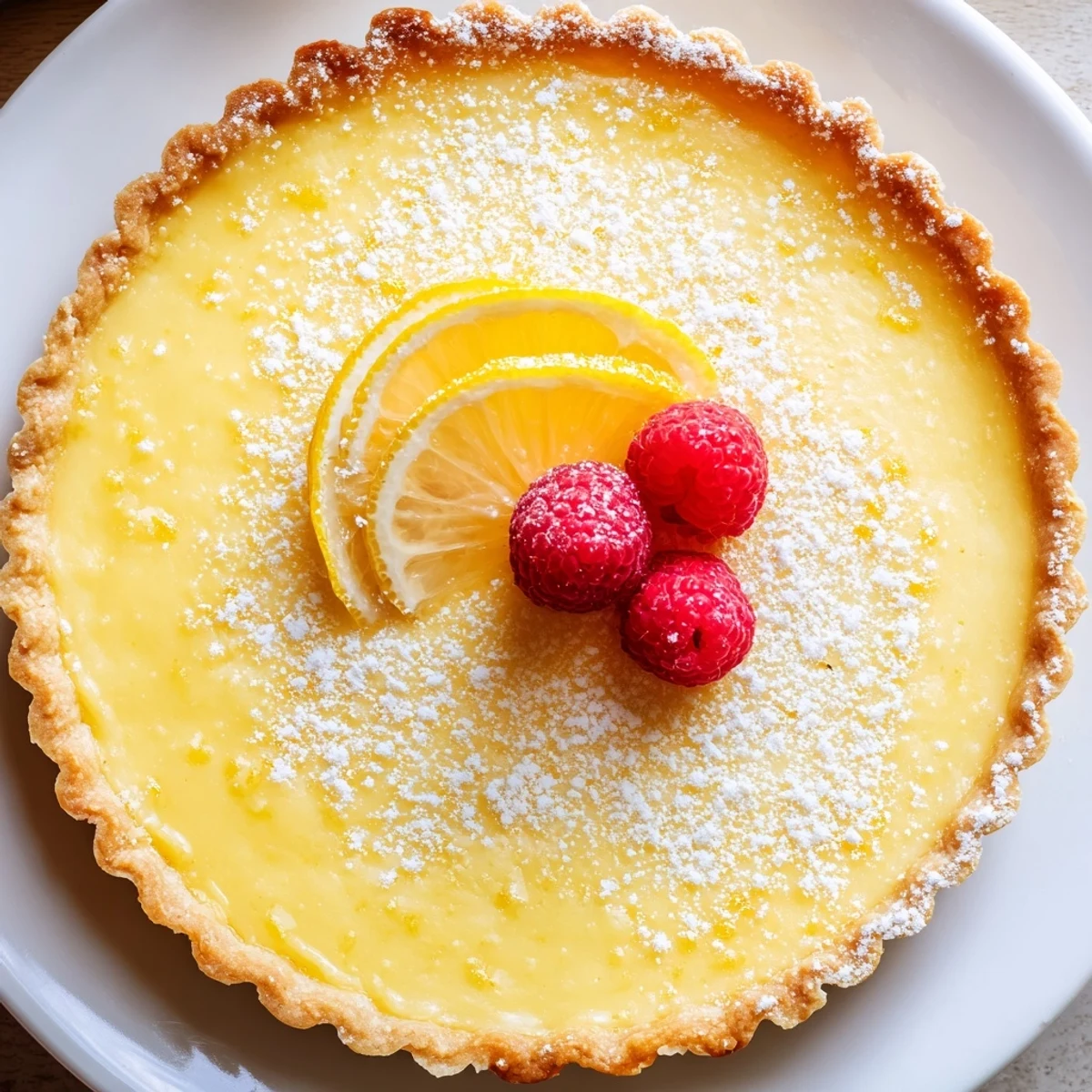 A chilled Creamy Lemon Tart Recipe garnished with fresh berries and zest
