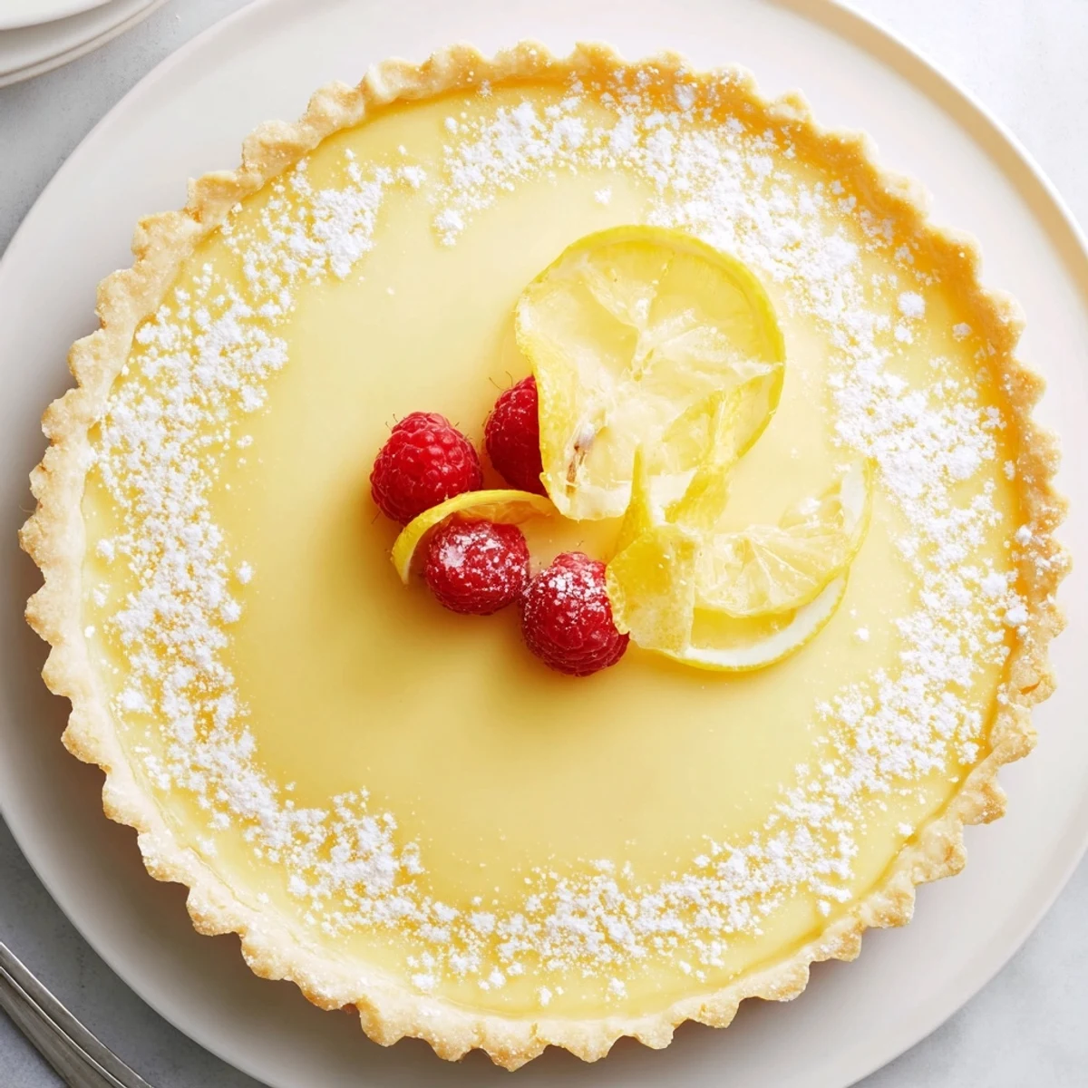 Slice of Creamy Lemon Tart Recipe on plate, buttery crust, bright citrus aroma