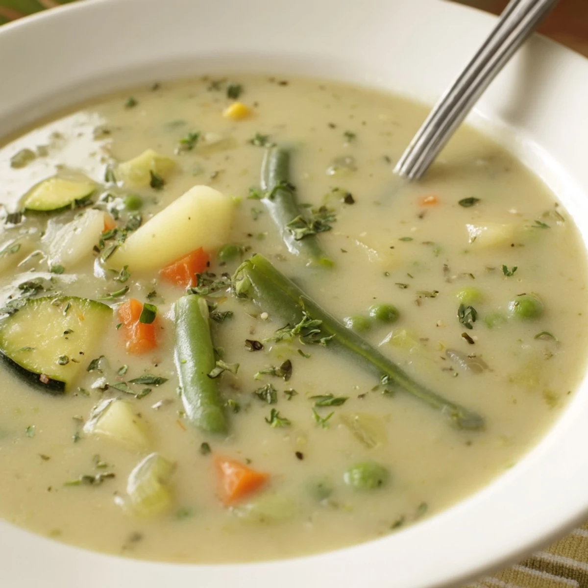 Creamy Vegetable Soup Recipe steaming in bowl, silky texture, garden vegetables visible