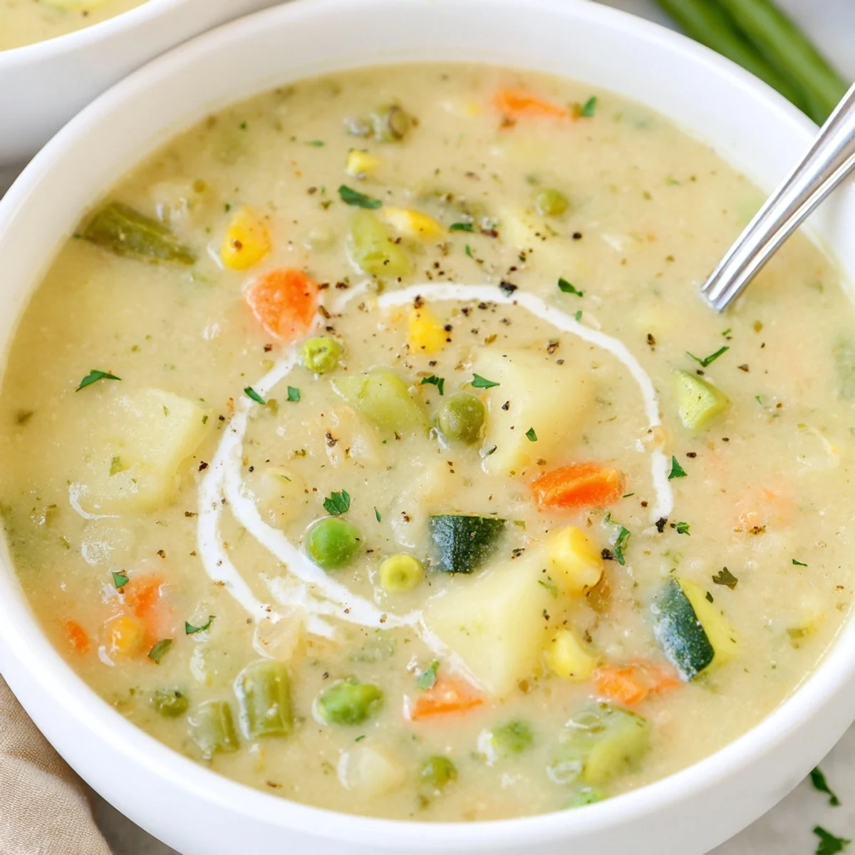 Bowl of Creamy Vegetable Soup Recipe releasing savory aroma, spoon resting nearby