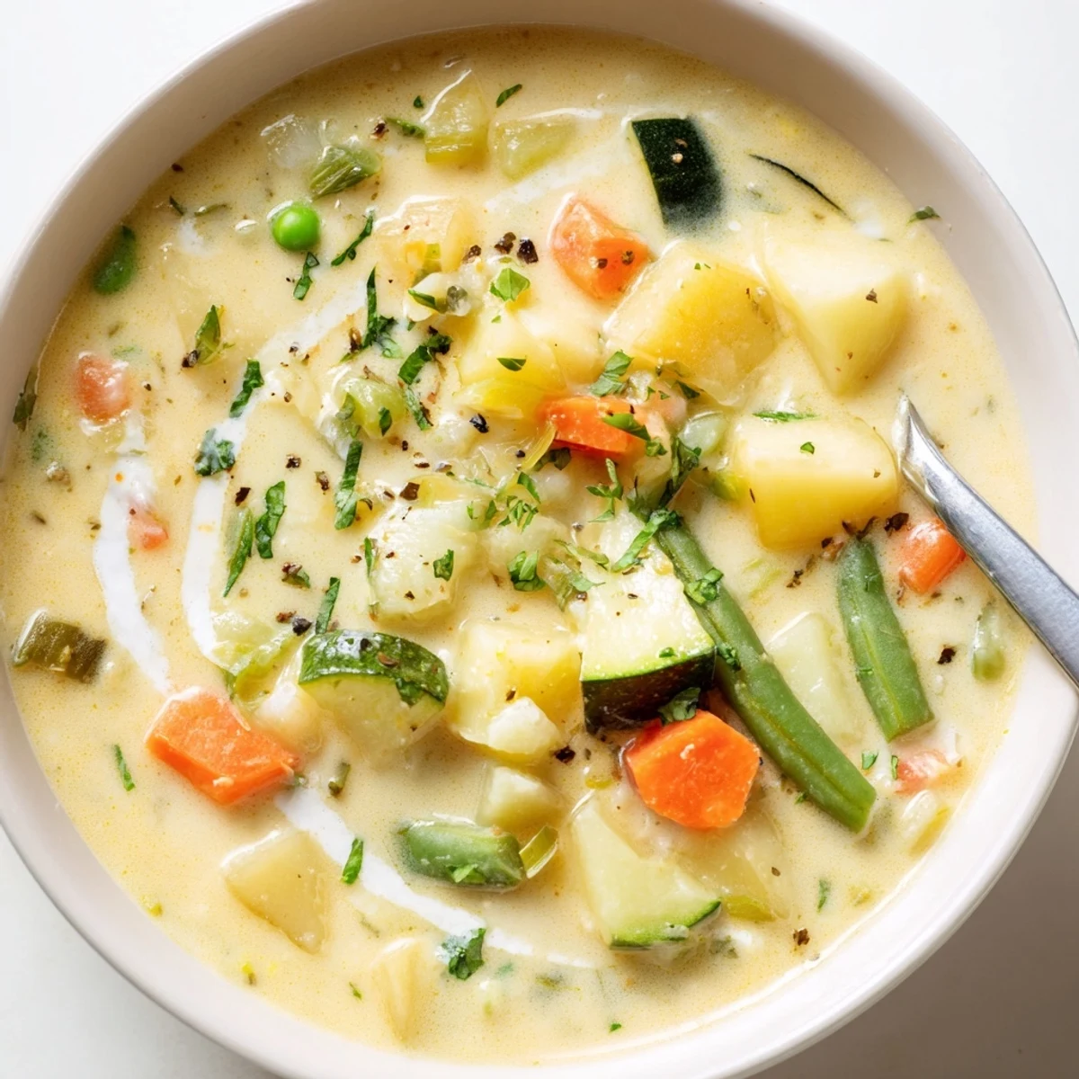Warm Creamy Vegetable Soup Recipe garnished with parsley, served with crusty bread