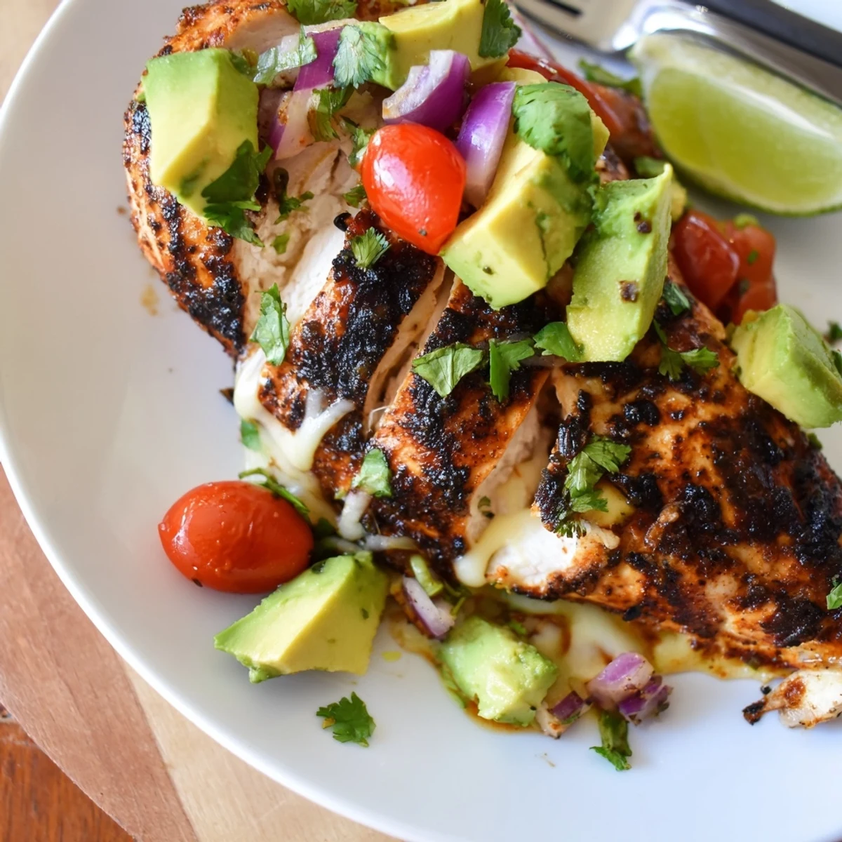 Grilled Fiesta Lime Chicken With Avocado glistening, garnished with cilantro and lime