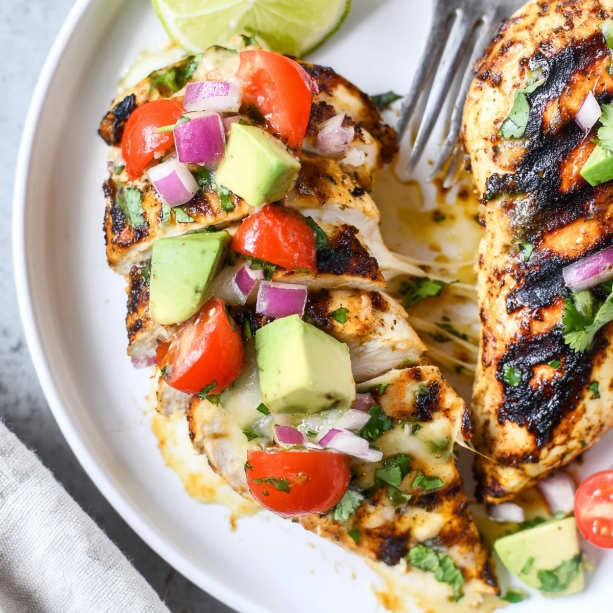 Zesty Fiesta Lime Chicken With Avocado served over rice with fresh tomatoes