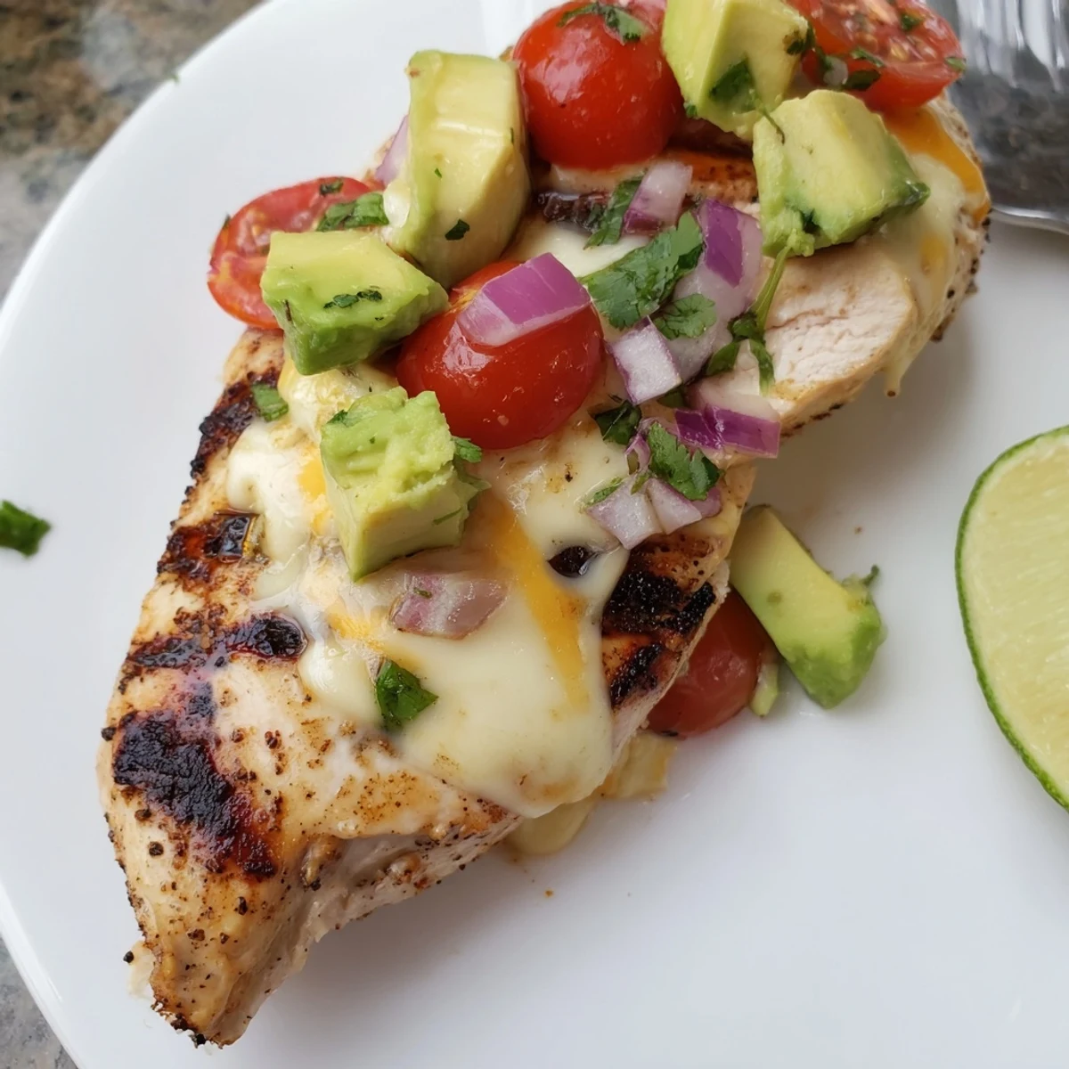 Smoky Fiesta Lime Chicken With Avocado sliced on plate, ready for tortillas