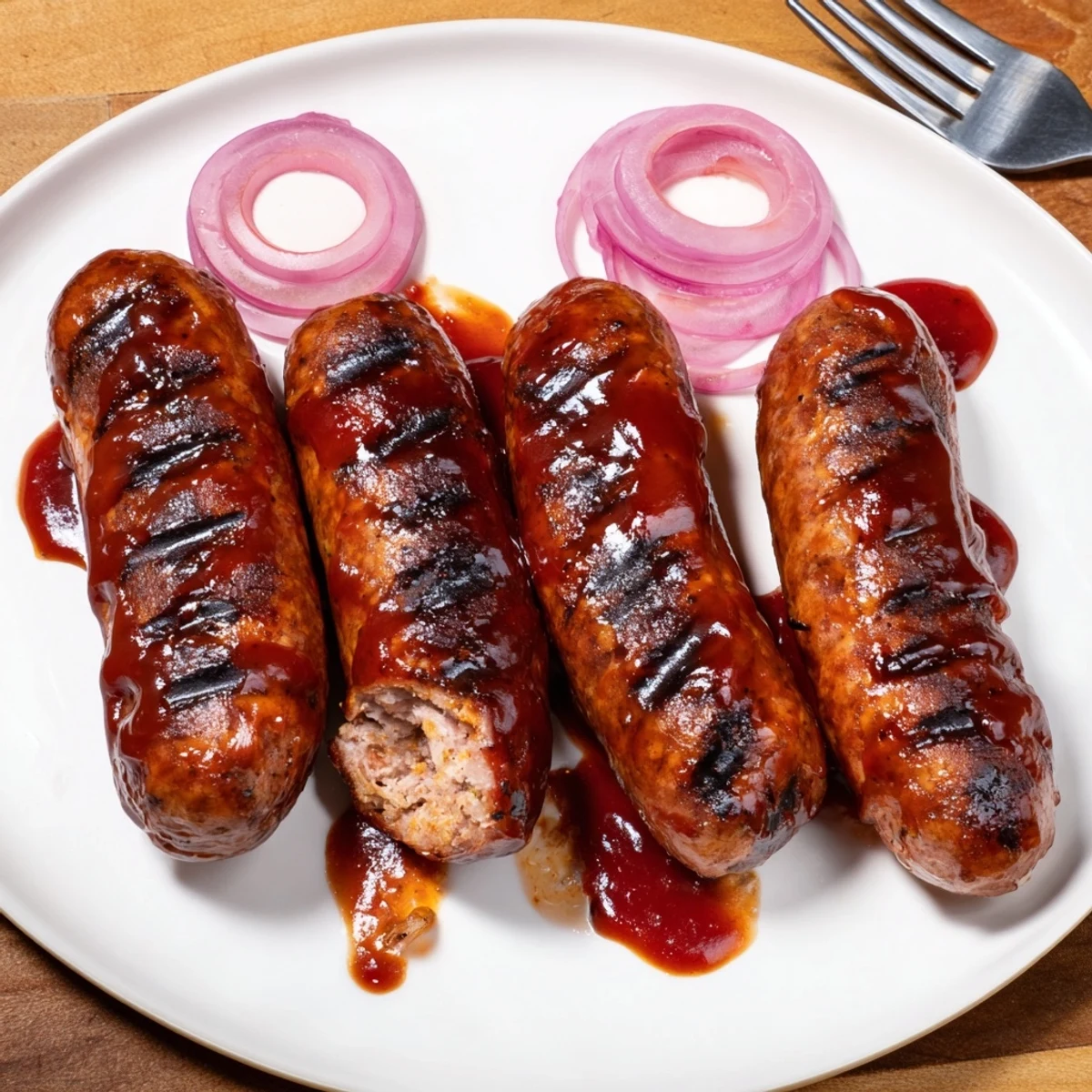 BBQ Sausage Recipe: smoky grilled sausages glazed with caramelized sauce, sizzling