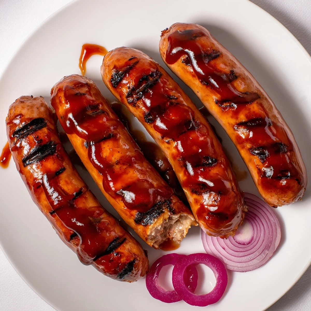 BBQ Sausage Recipe piled in toasted buns with pickles and coleslaw