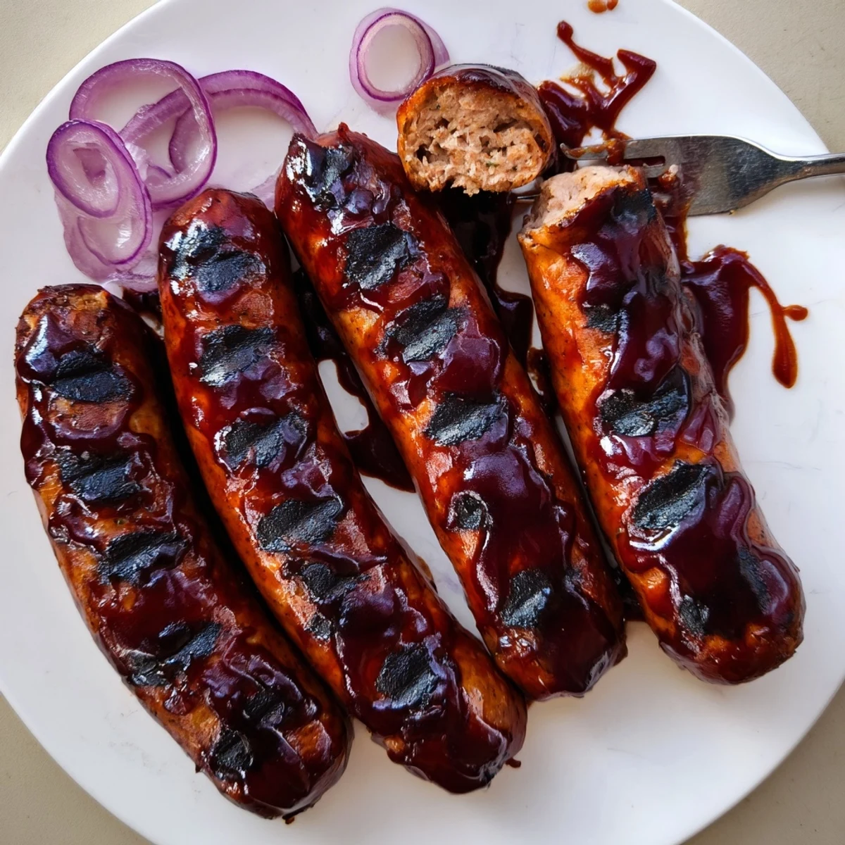 Charred edges and tangy glaze on BBQ Sausage Recipe beside grilled corn