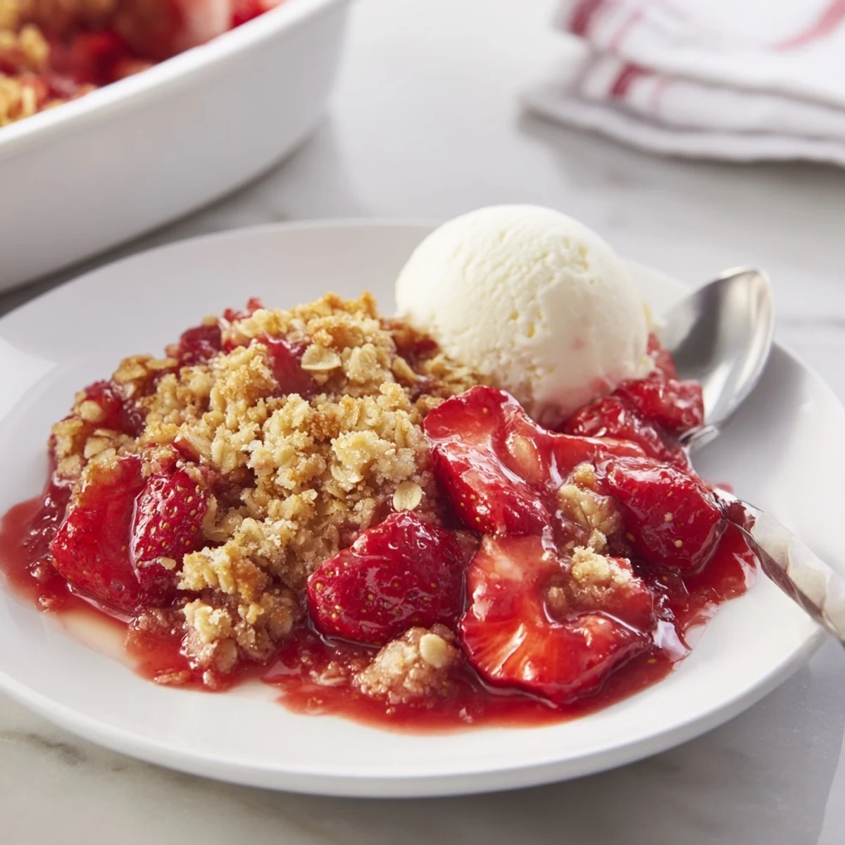 Fresh Strawberry Crisp Recipe served warm, topped with melting vanilla ice cream.