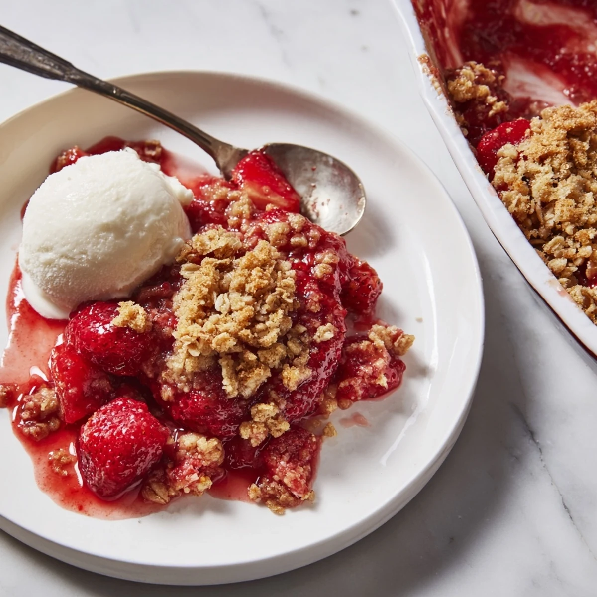 Bubbling with glossy strawberries and golden oats, Fresh Strawberry Crisp Recipe straight from oven.